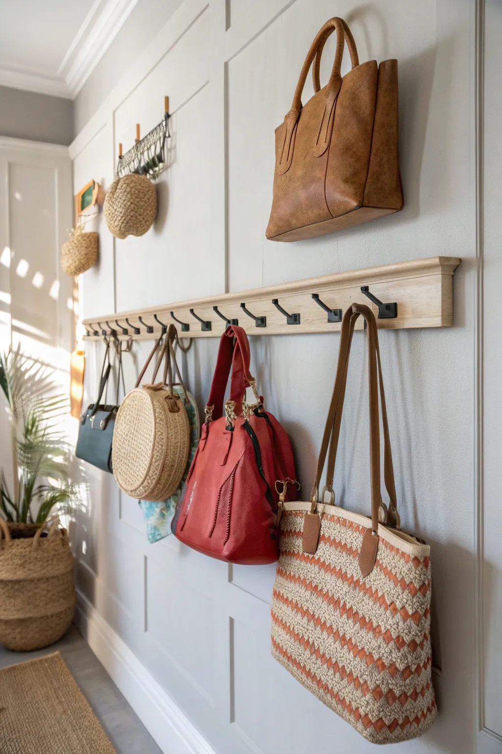Transform your space with a chic bag display that blends Scandinavian simplicity with boho flair. 🌿👜 #DIYCloset #OrganizeInStyle
