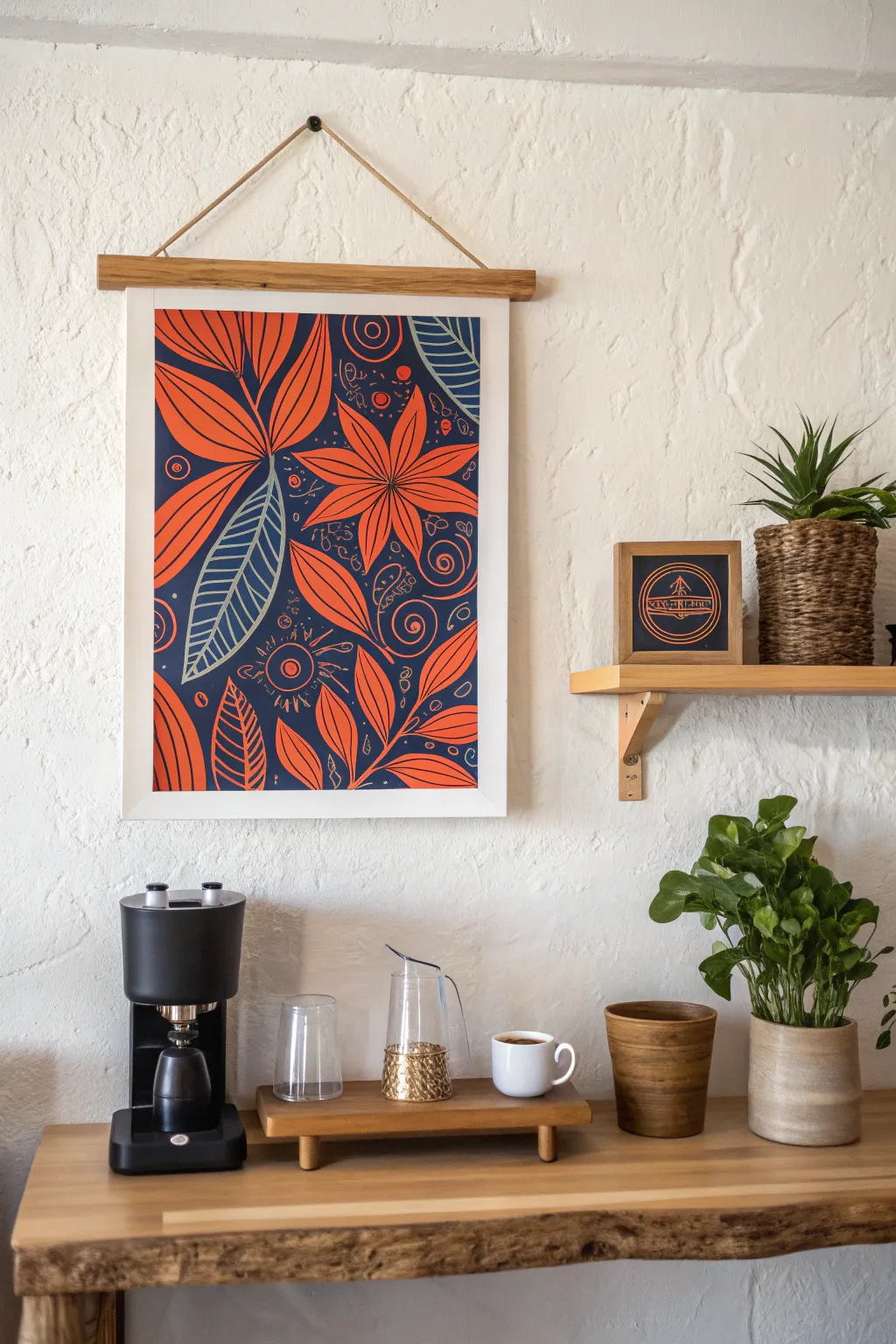 Transform your coffee corner into a conversation starter with bold and vibrant wall art.