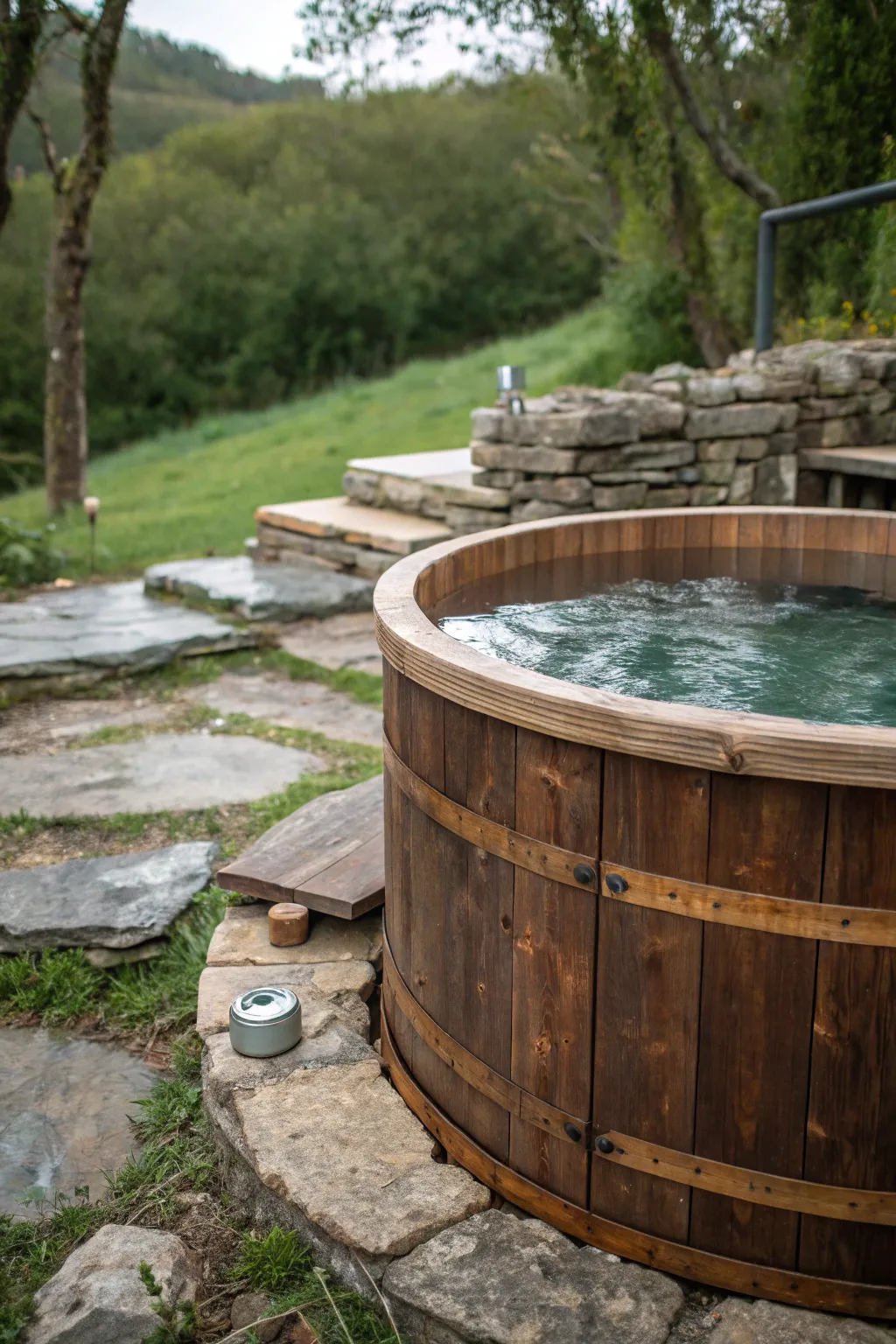 Transform your old hot tub into a refreshing cold plunge with rustic charm.