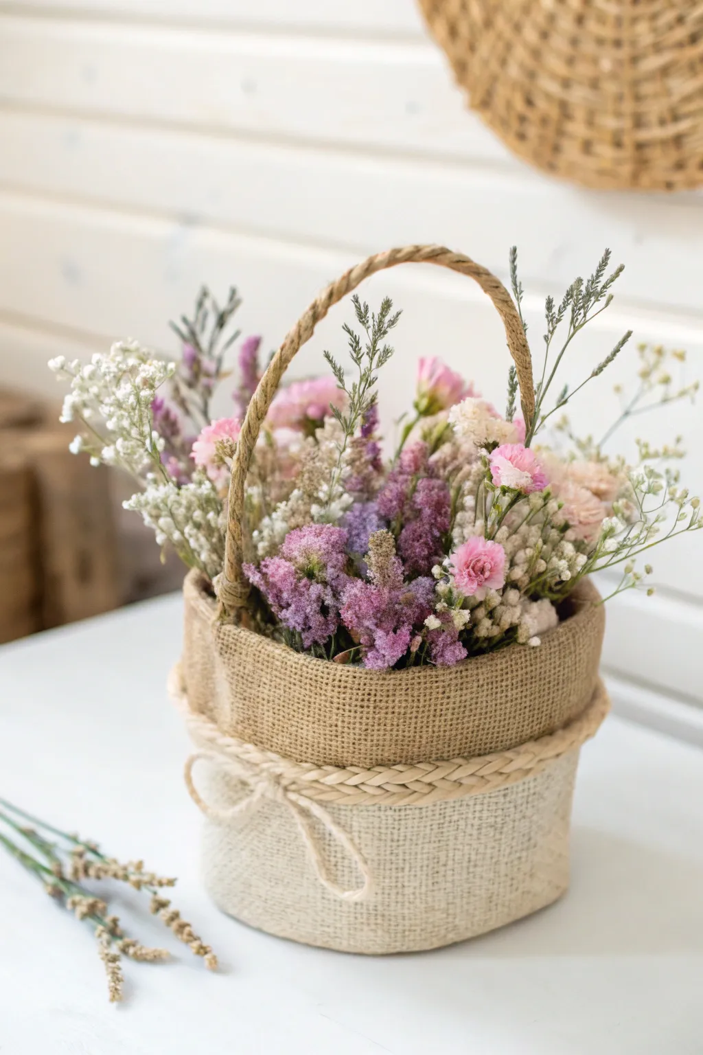 Elevate your space with this charming floral burlap basket, where rustic meets elegance.