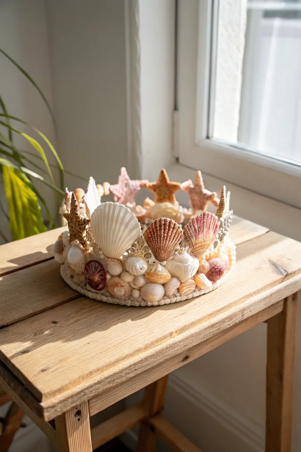 Bring the tranquility of the seaside into your home with this stunning seashell crown centerpiece, perfect for adding a touch of coastal elegance to any space.