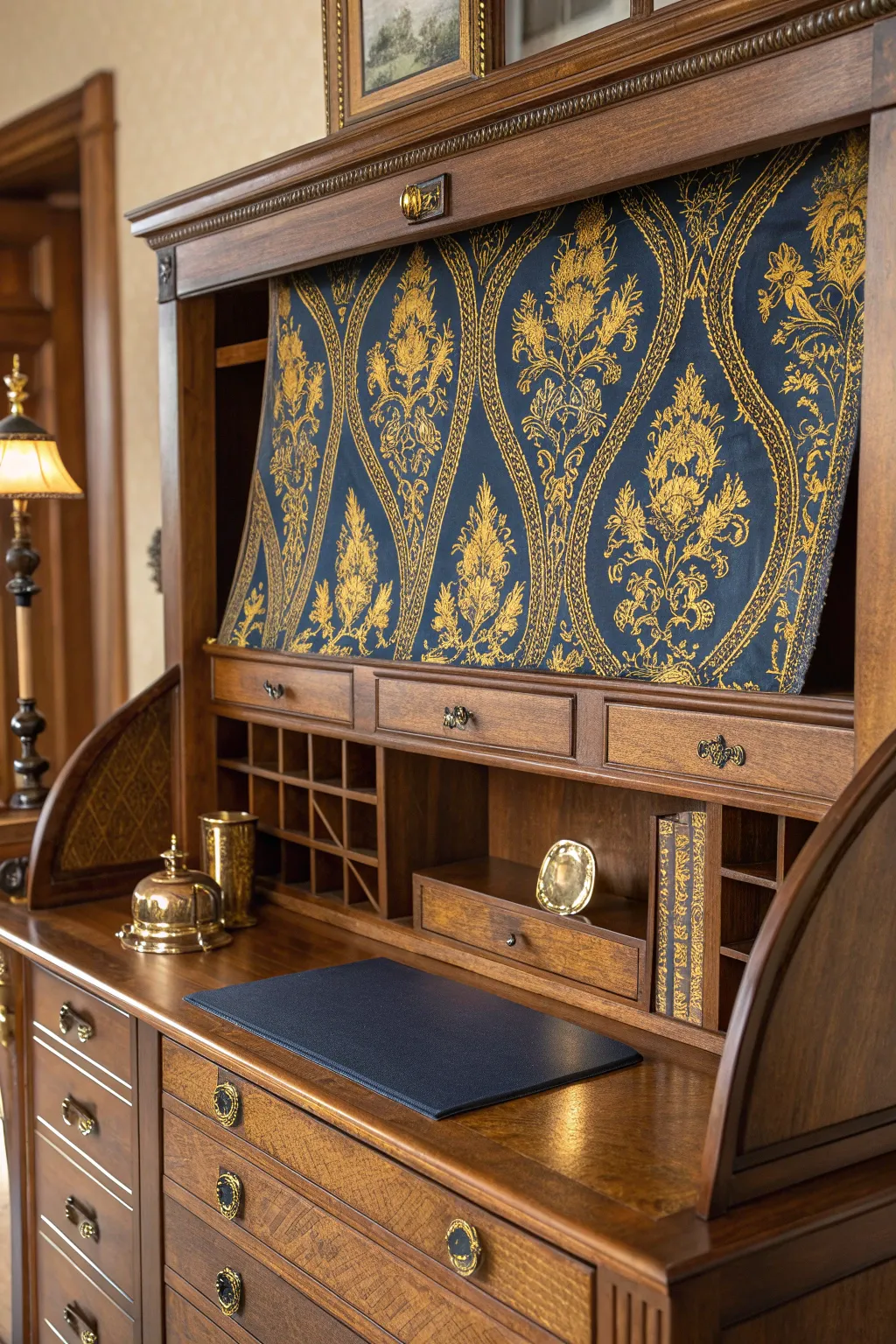 Elevate your workspace with a touch of elegance: a fabric-covered desk hutch that marries style with craftsmanship.