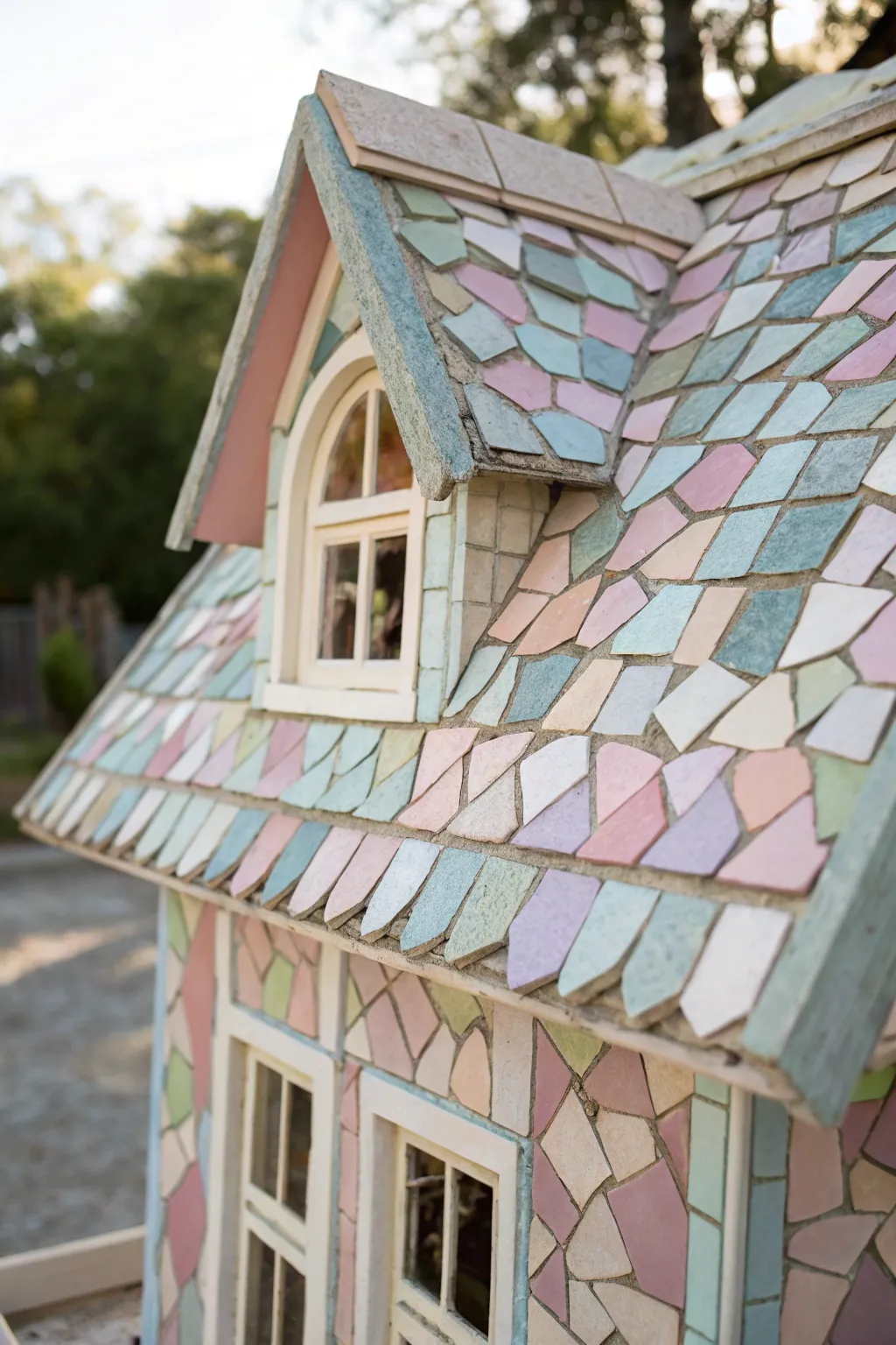 Add a splash of bohemian flair to your dollhouse with a handcrafted mosaic tile roof.