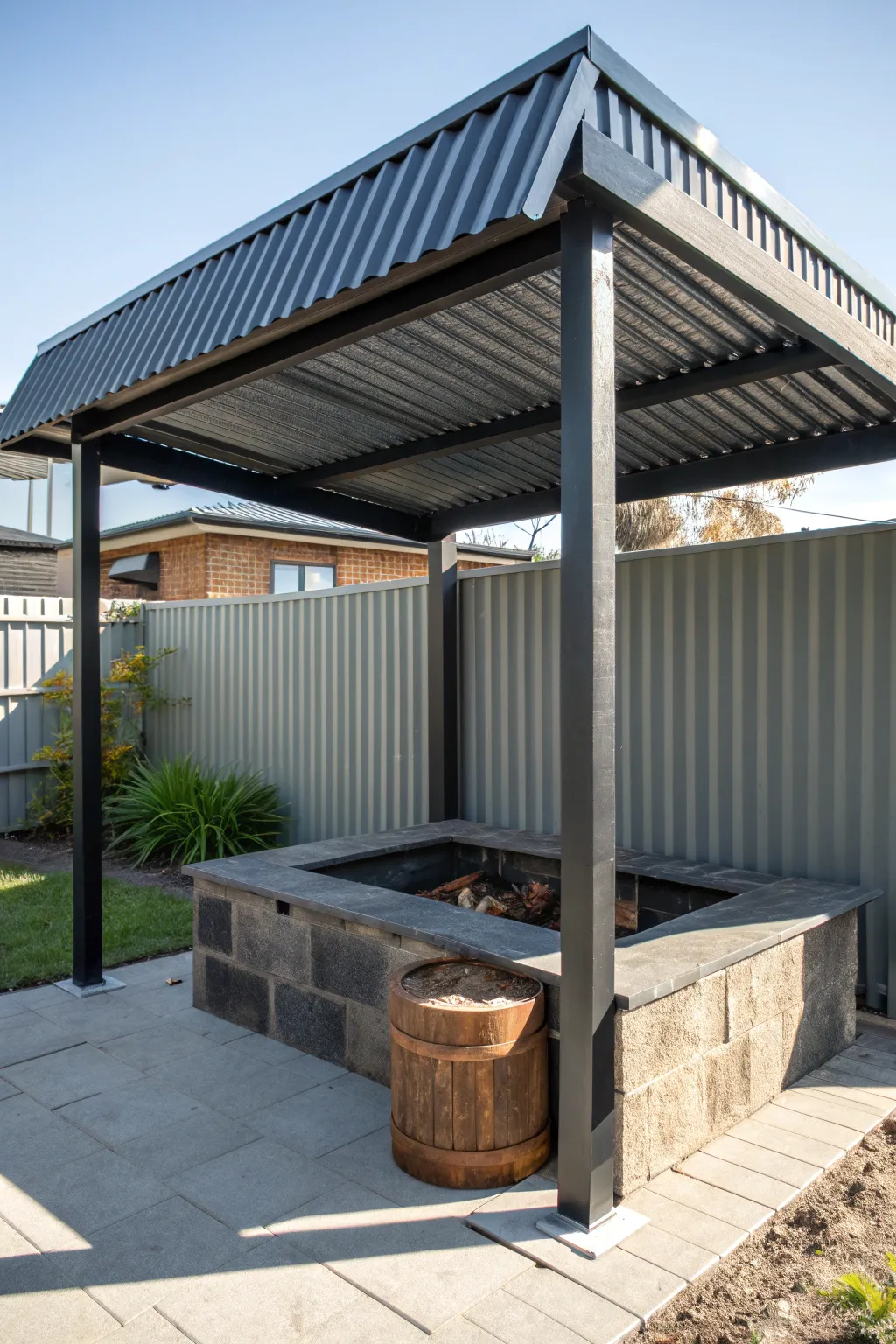 Elevate your backyard with a touch of urban chic: the corrugated metal roof.