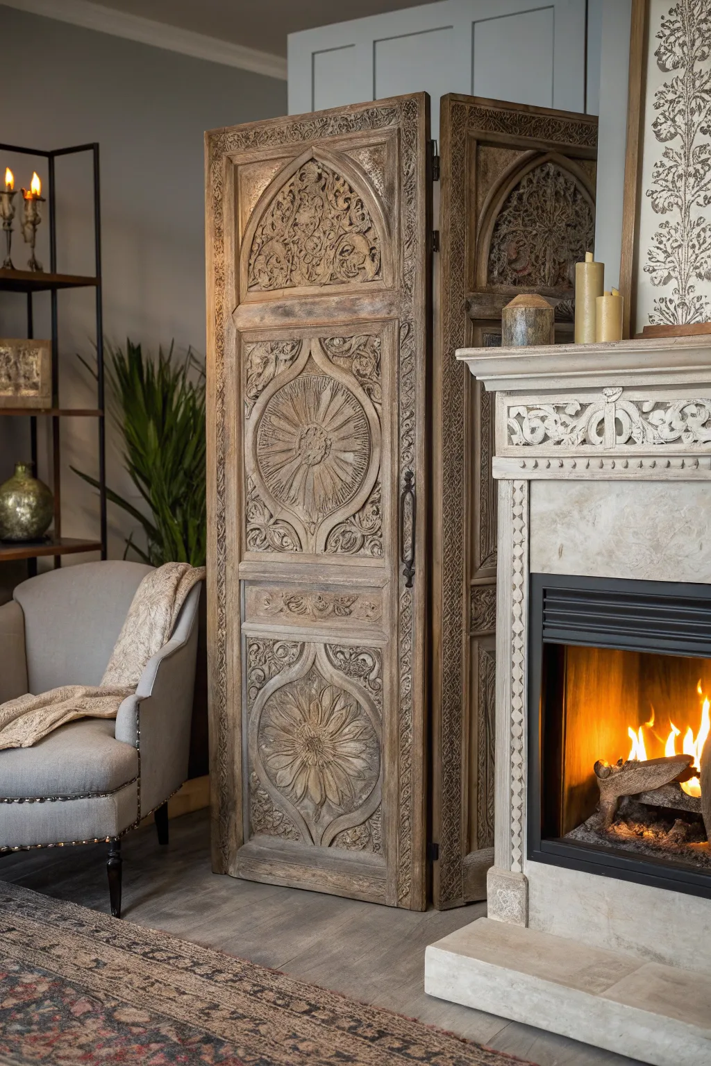 Elevate your space with a touch of history: an antique door transformed into a stunning fireplace screen.
