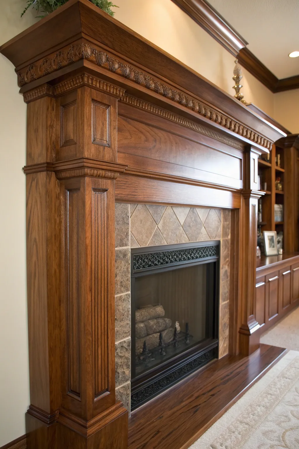 Transform your space with a mantel makeover marvel: rich walnut stain for warmth and sophistication.