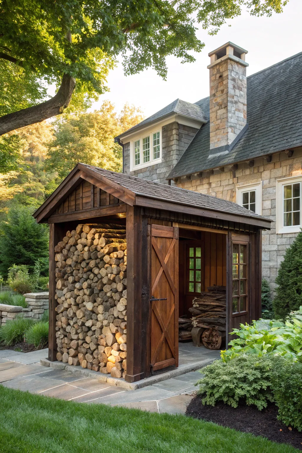 Elevate your outdoor space with a handcrafted firewood shed that's both practical and stylish.