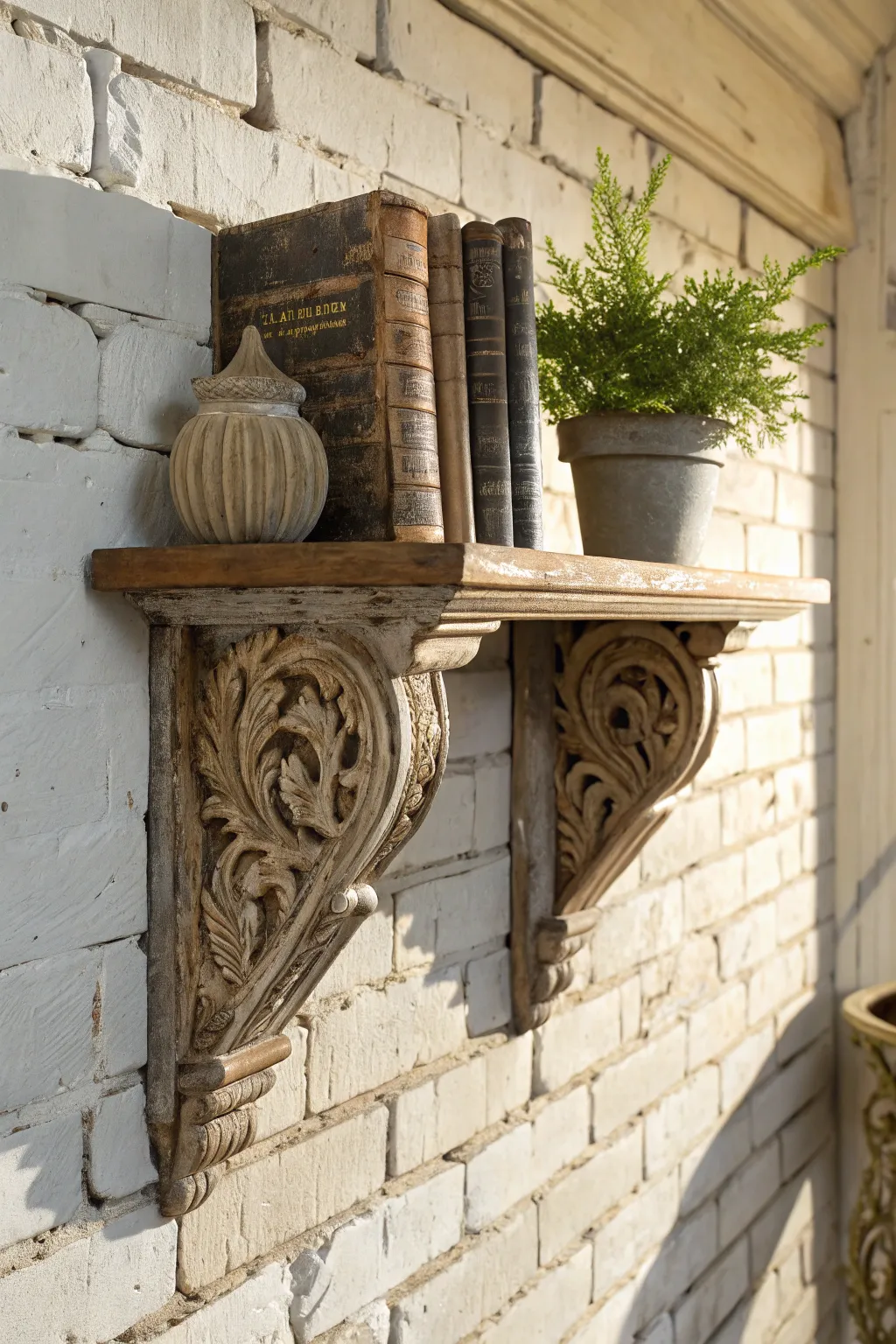 Add a touch of history to your home with antique corbels as unique shelf brackets.
