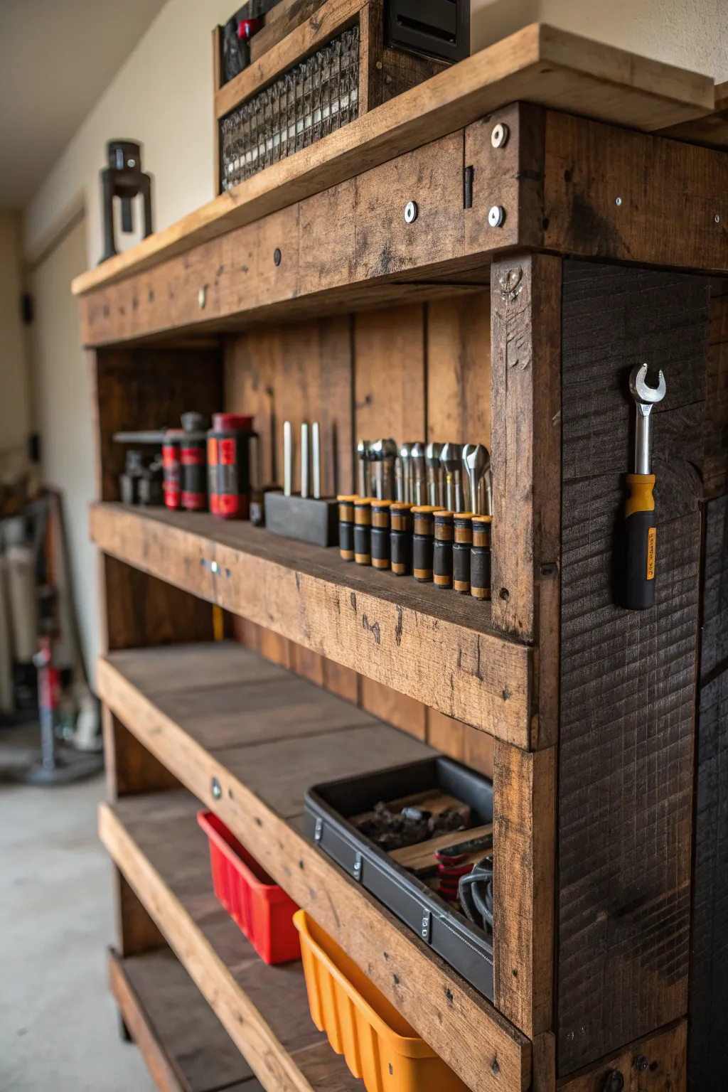 Elevate your workshop with sustainable style: Recycled pallet shelving for the eco-conscious craftsman.
