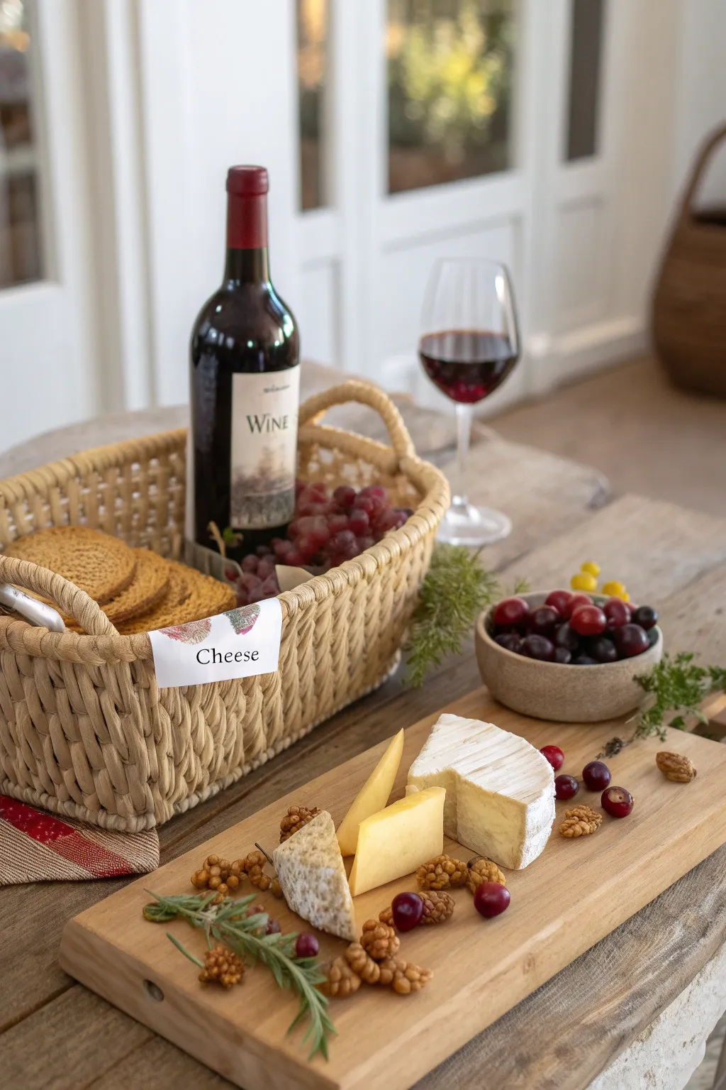 Elevate your gifting with a touch of elegance and simplicity – the perfect wine and cheese basket for any occasion.