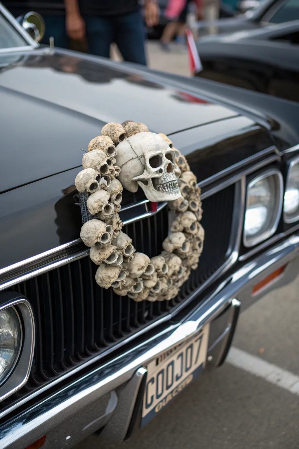 Transform your ride with a handcrafted skull wreath for a bold Halloween statement.