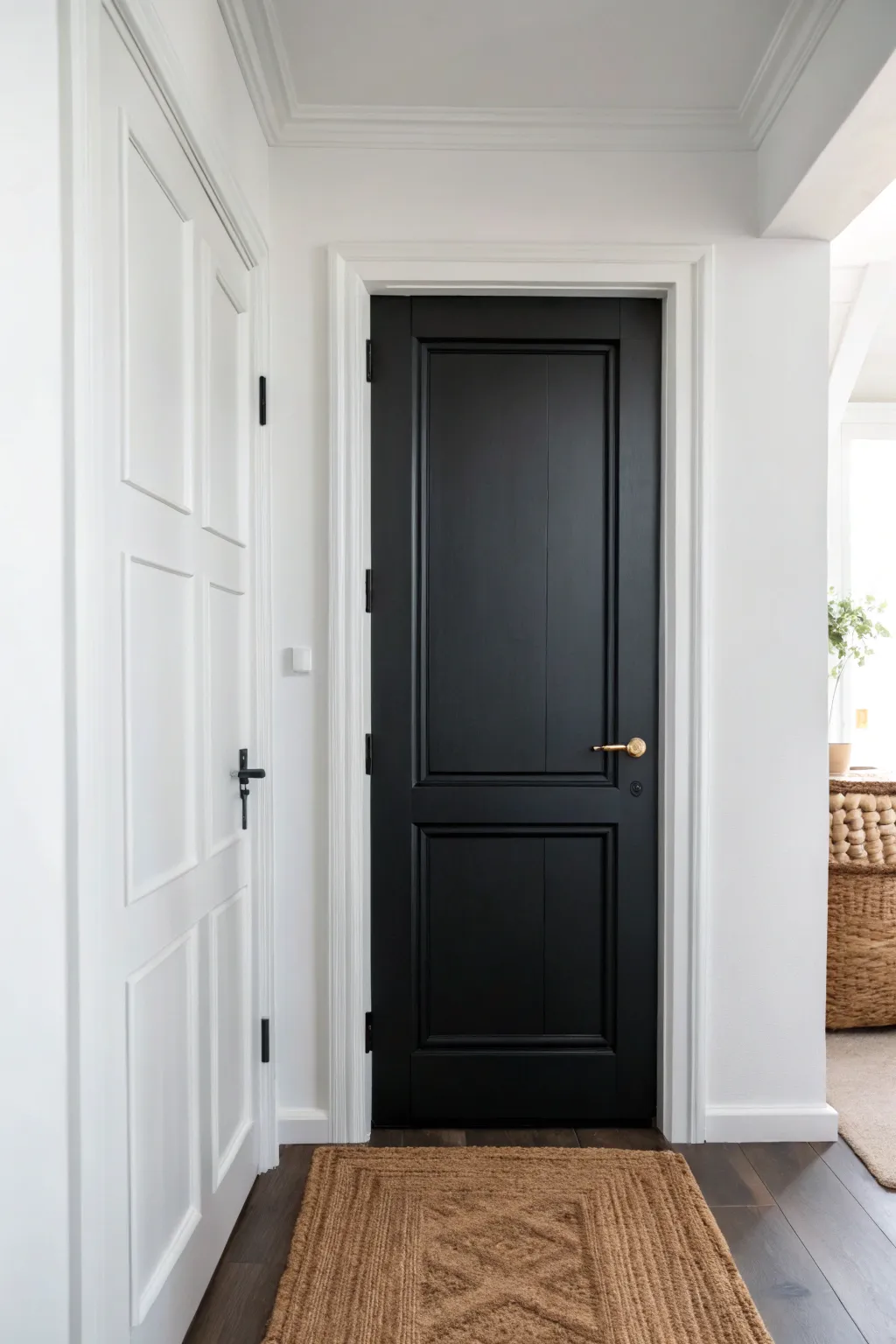 Embrace contrast with a bold black door in your minimalist hallway for a striking design statement.