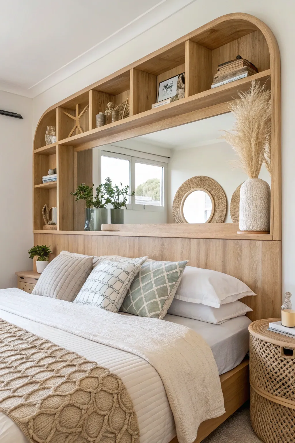 Transform your space with a mirror-backed headboard shelf—a perfect blend of Scandinavian minimalism and Boho charm for elegance and space enhancement.