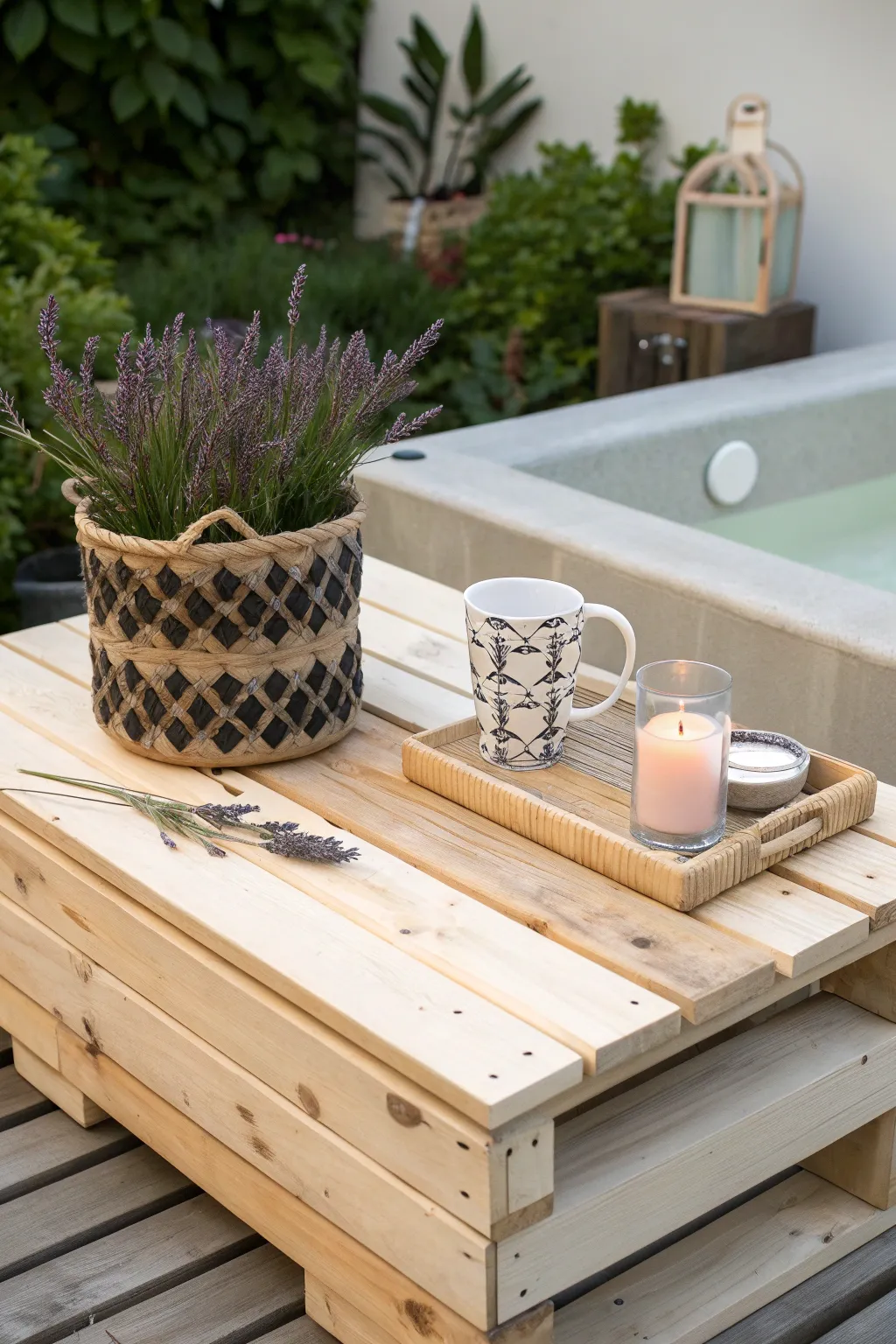 Elevate your hot tub experience with this chic and effortless DIY pallet table - where simplicity meets style.