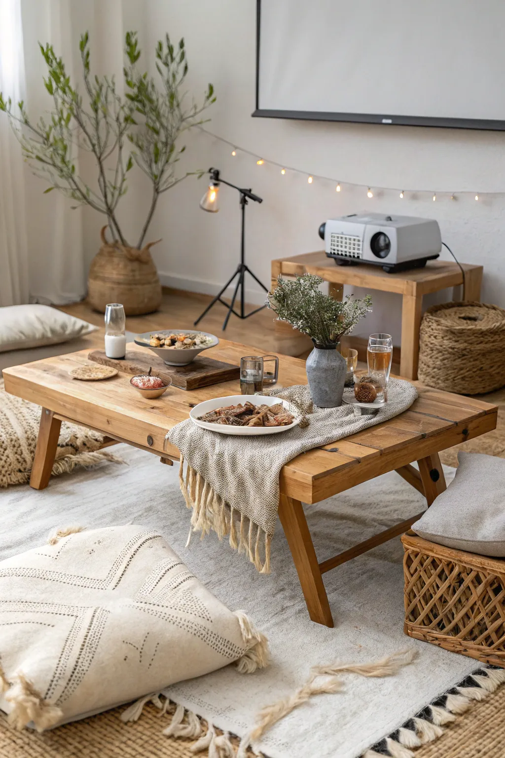 Transform your space into a dreamy indoor picnic movie night, where simplicity meets cozy sophistication.