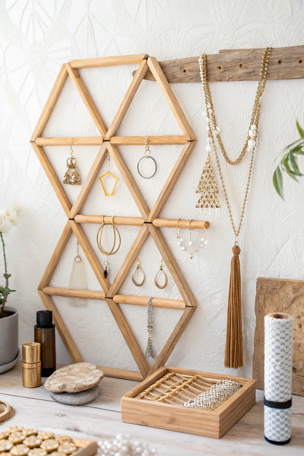 Elevate your jewelry display with a touch of geometric elegance and boho flair. 🌿✨