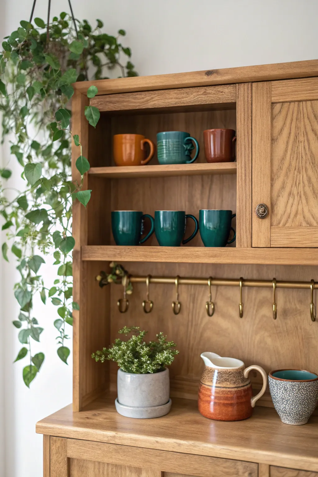 Elevate your kitchen decor with functional elegance—hooks and pegs for a chic and practical touch.