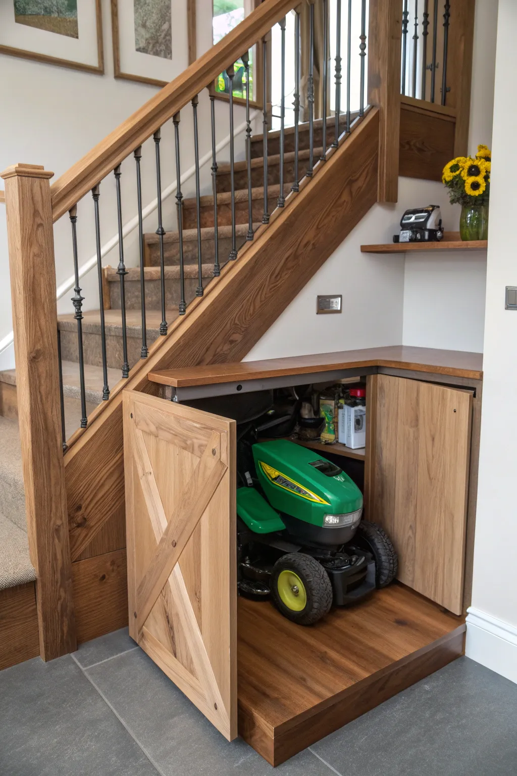 Discover hidden potential: Transform under-stair space into a stylish lawn mower storage nook.