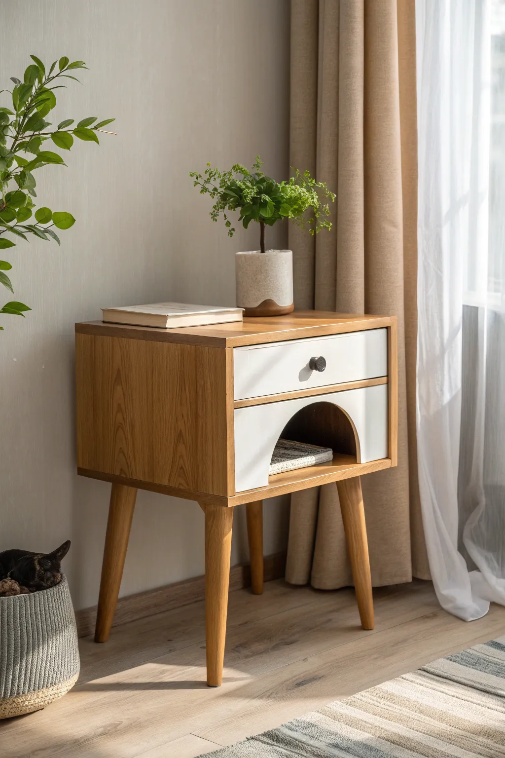 Transform your bedside table into a chic cat haven; where style meets functionality.