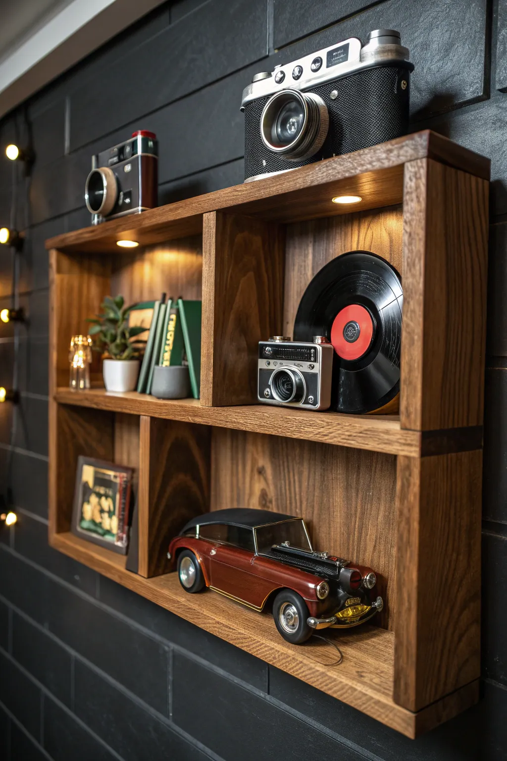 Elevate your man cave with a stylish wall-mounted gallery that showcases your passions in impeccable style.