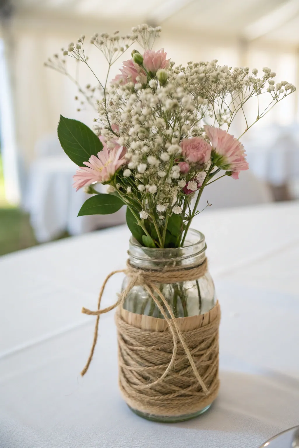Embrace natural beauty with twine-wrapped mason jar centerpieces, perfect for a charming baby shower.