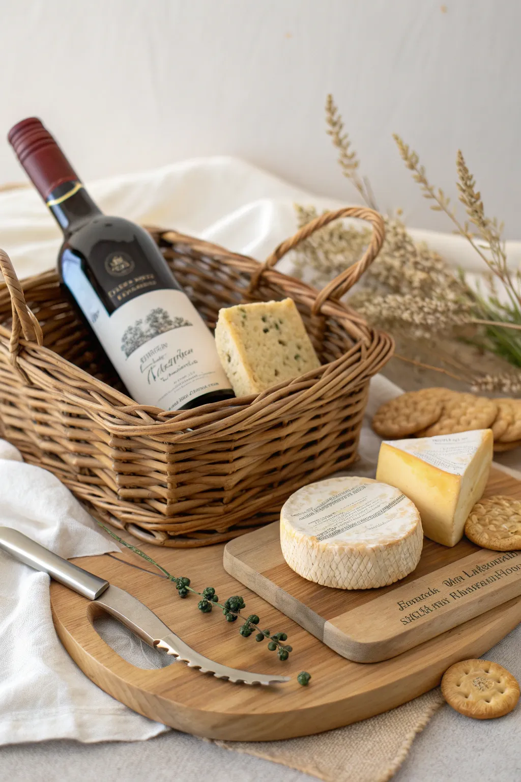 Elevate your Mother's Day with a chic wine and cheese basket, perfect for a cozy night in.