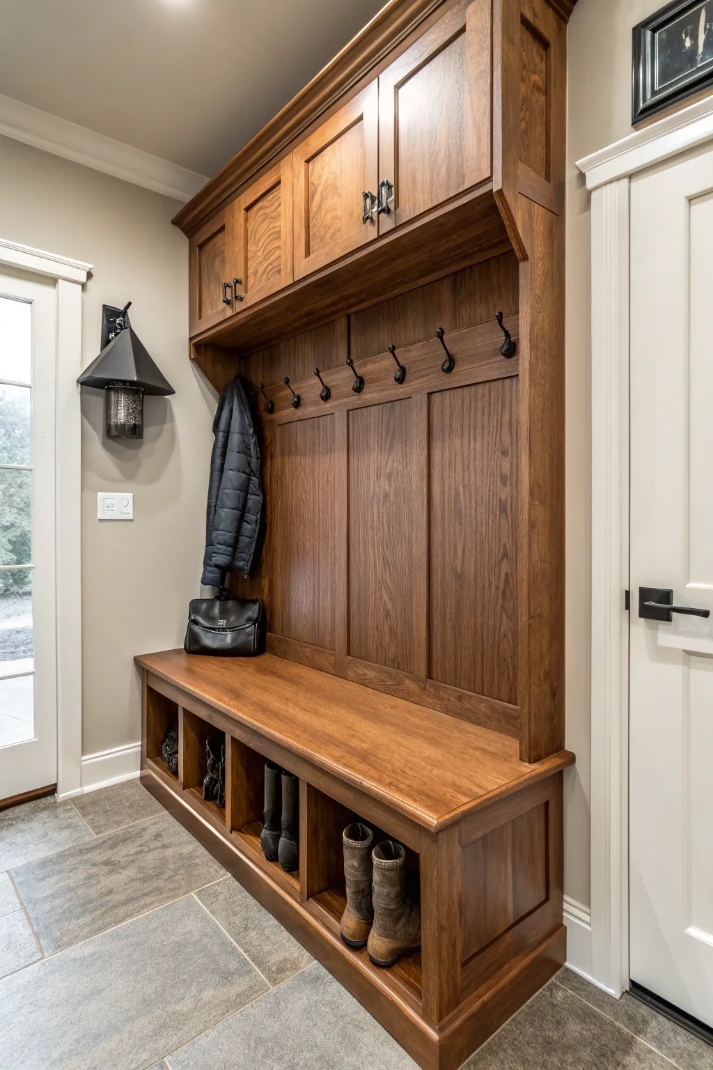 Elevate your entryway with the art of craftsmanship: transform a closet into a stunning mini mudroom.