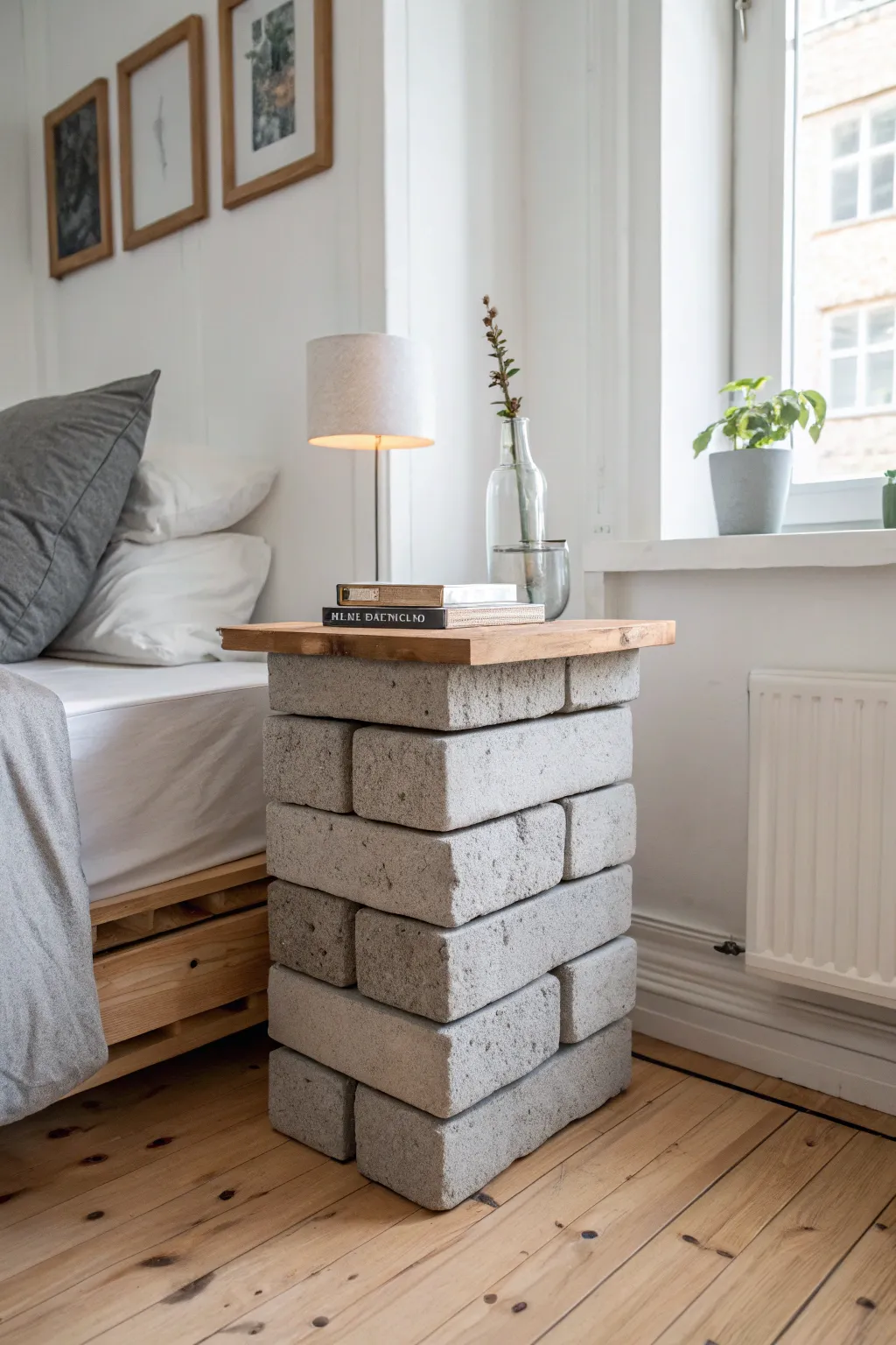 Transform your space with a chic cinder block nightstand that blends minimalism with natural elegance.