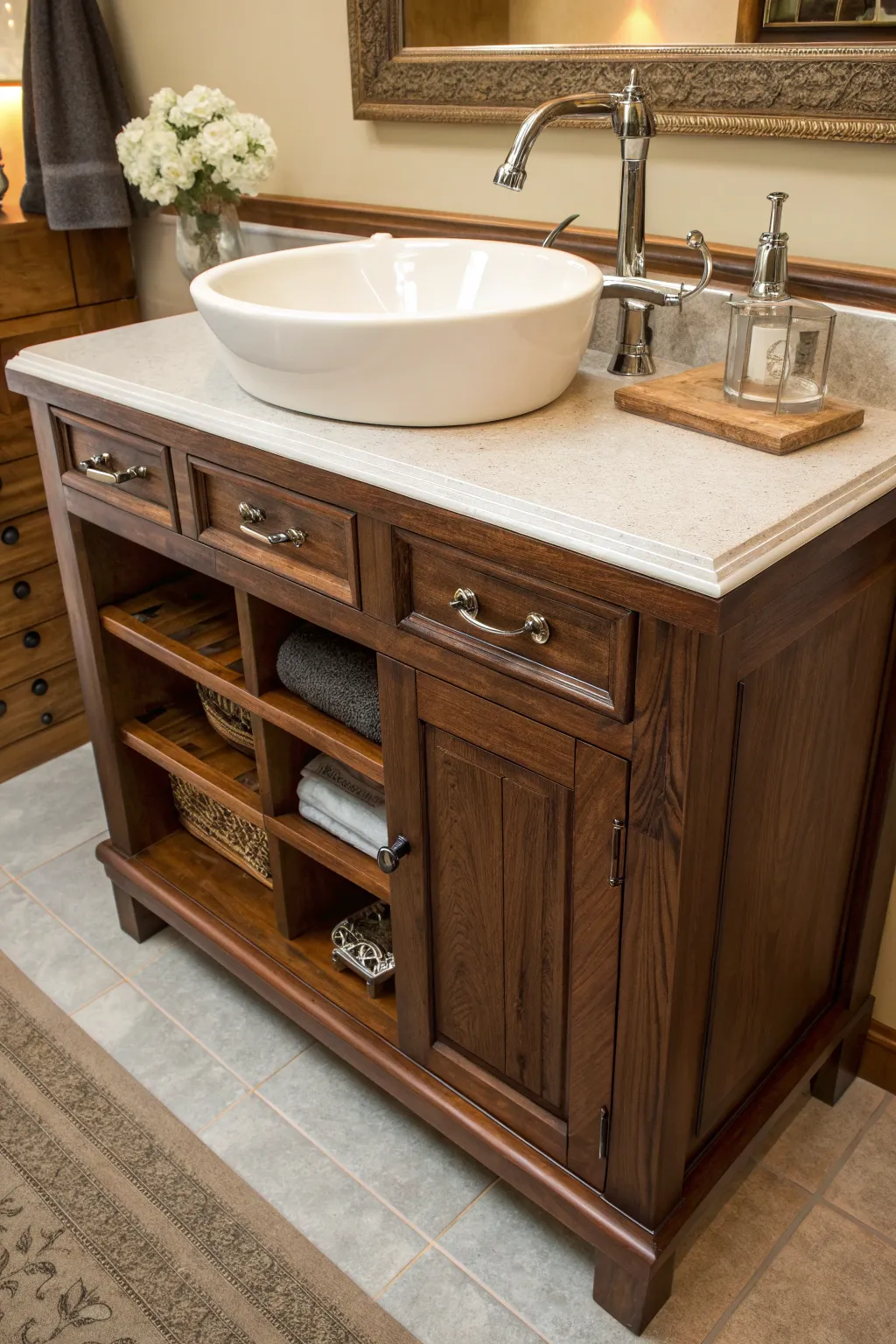 Transform your space with a touch of craftsmanship: A stunning bathroom vanity from an upcycled entertainment center.