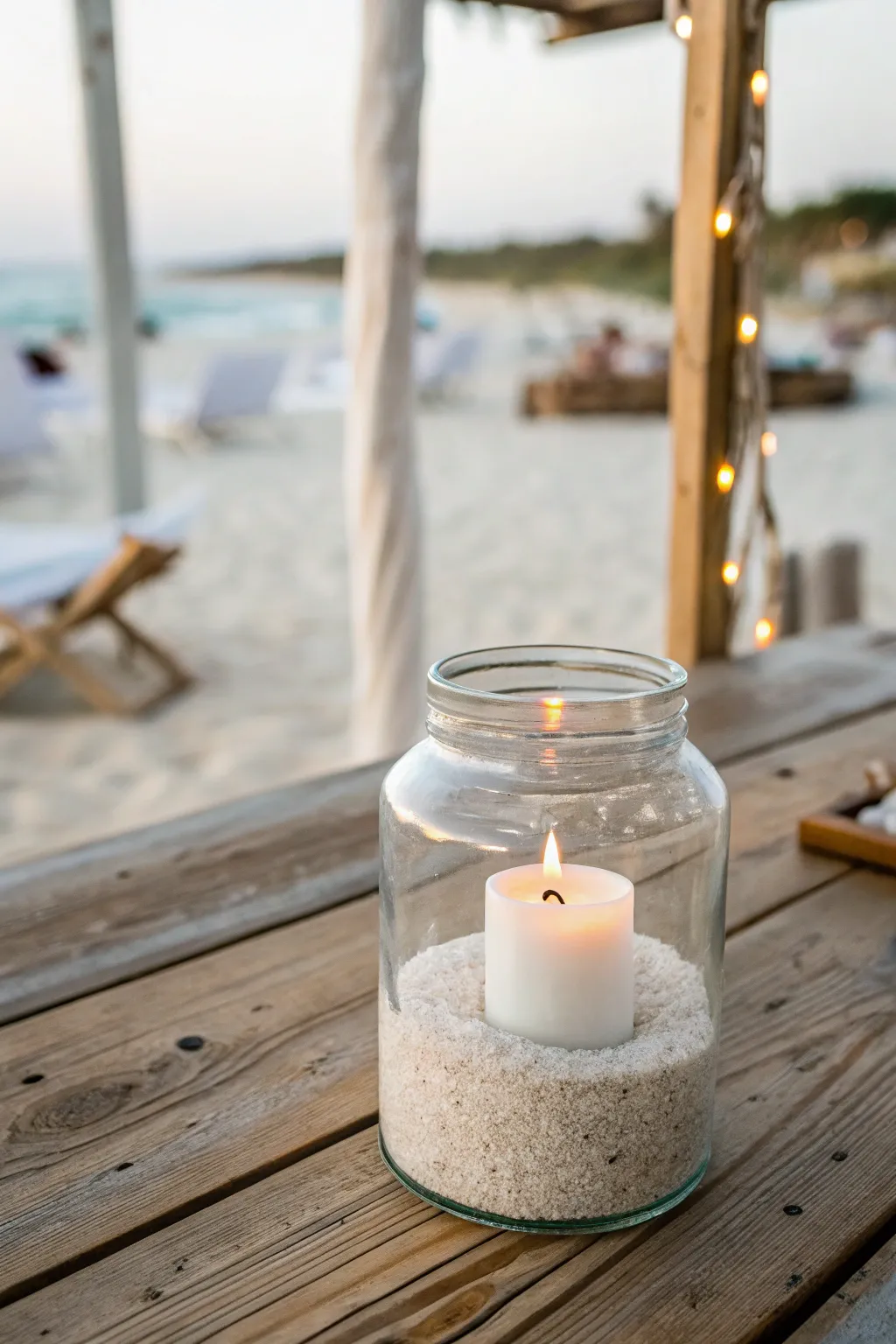 Illuminate your summer nights with minimalist elegance: DIY candle and sand jars for a coastal touch.