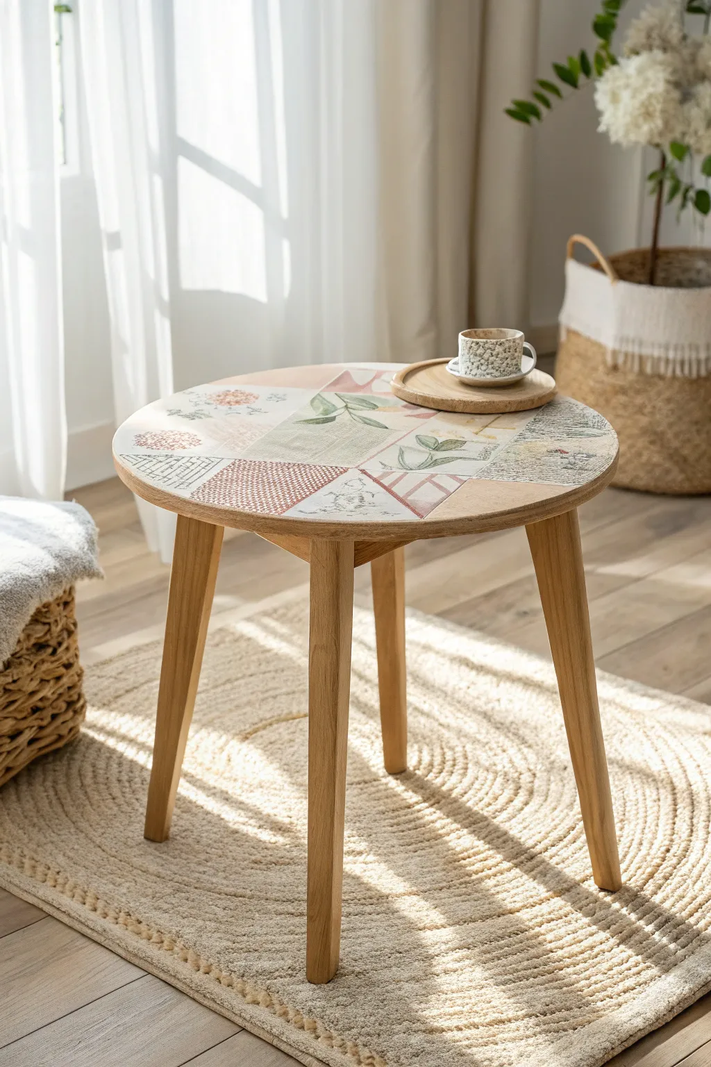 Elevate your space with a touch of artistry: Discover the charm of decoupage on your end table.