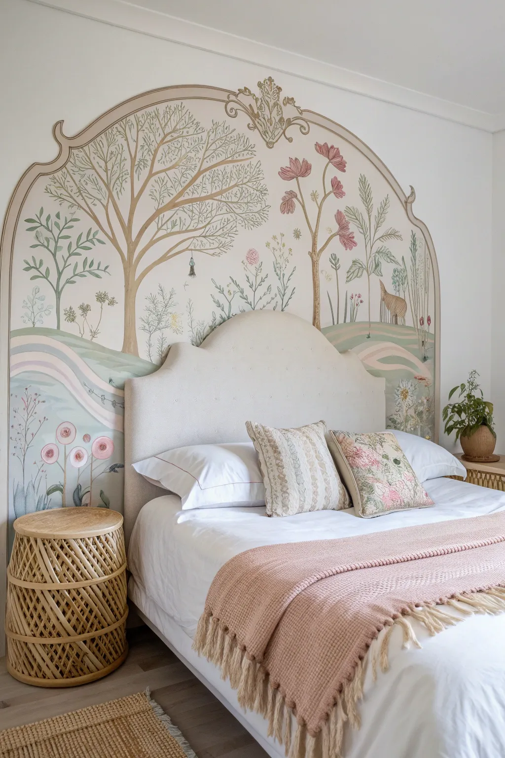 Transform your space into a dreamy escape with a whimsical painted headboard mural.