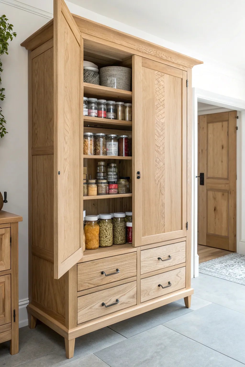 Discover the art of hidden storage with a minimalist twist. Unveil the secrets of your pantry with a touch of Scandinavian elegance.