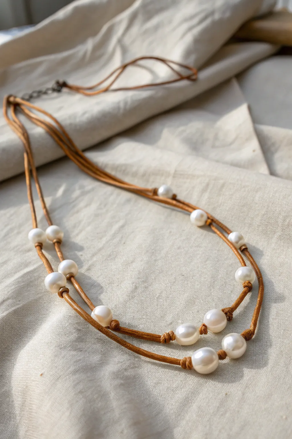 Embrace rustic elegance with a pearl and leather necklace that speaks of effortless style.