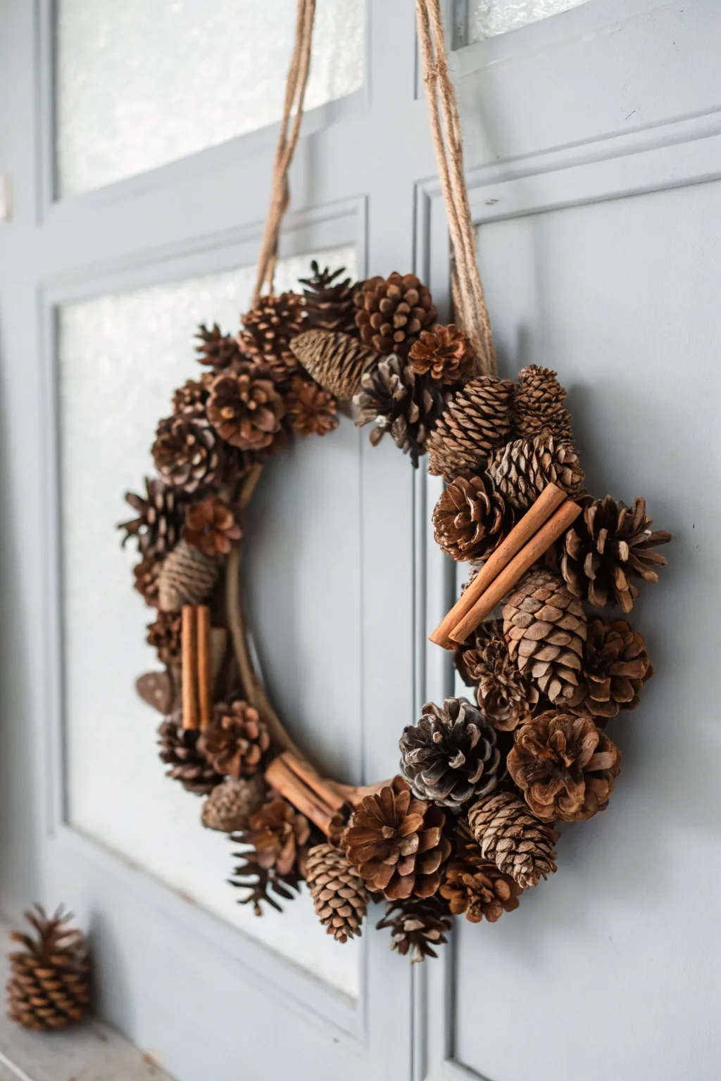 Embrace the season with a pinecone and cinnamon stick wreath, where natural beauty meets cozy charm.