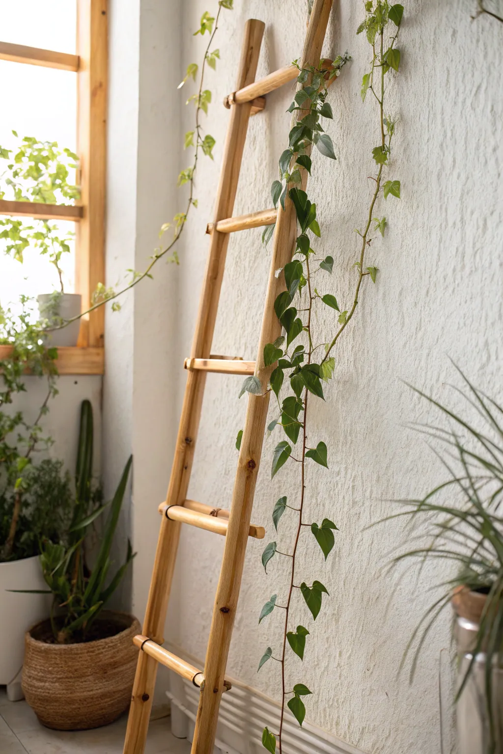 Elevate your greenery with this chic bamboo ladder plant stand, where simplicity meets natural elegance.