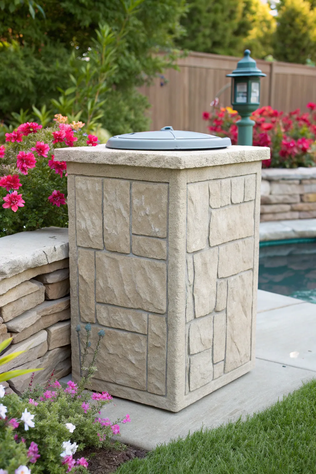 Transform your outdoor space with a stunning faux stone pool pump cover, blending elegance and craftsmanship effortlessly.