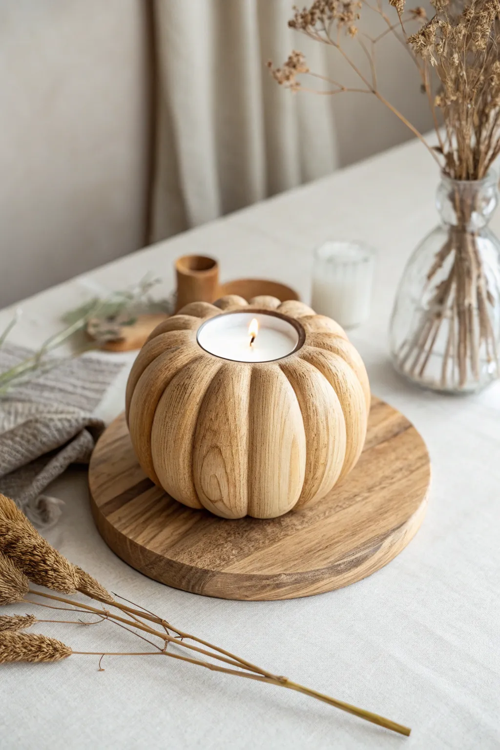 Illuminate your space with the natural elegance of a handcrafted wooden pumpkin candle holder.