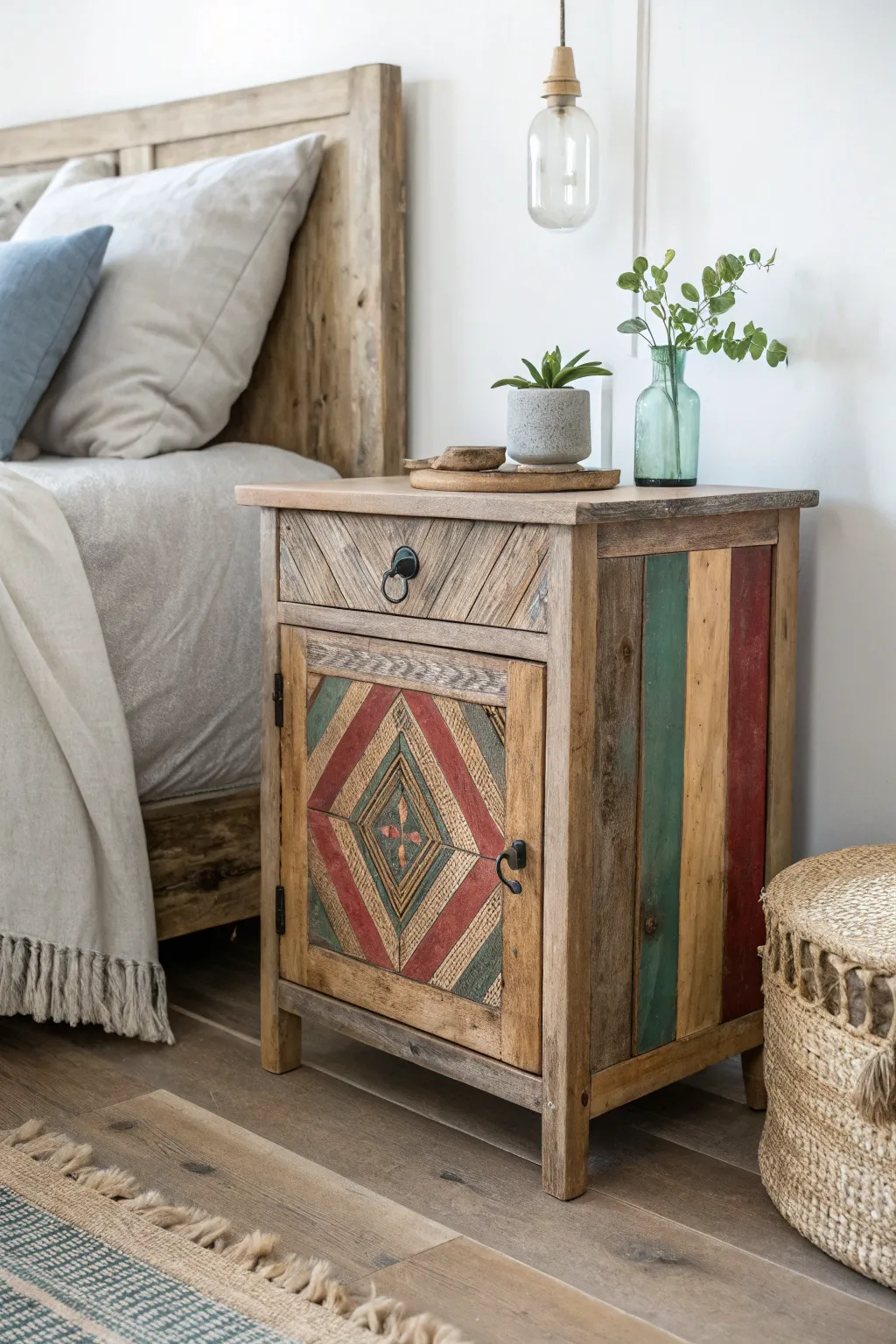 Transform your space with a charming nightstand crafted from a reclaimed door, blending rustic charm with minimalist elegance.