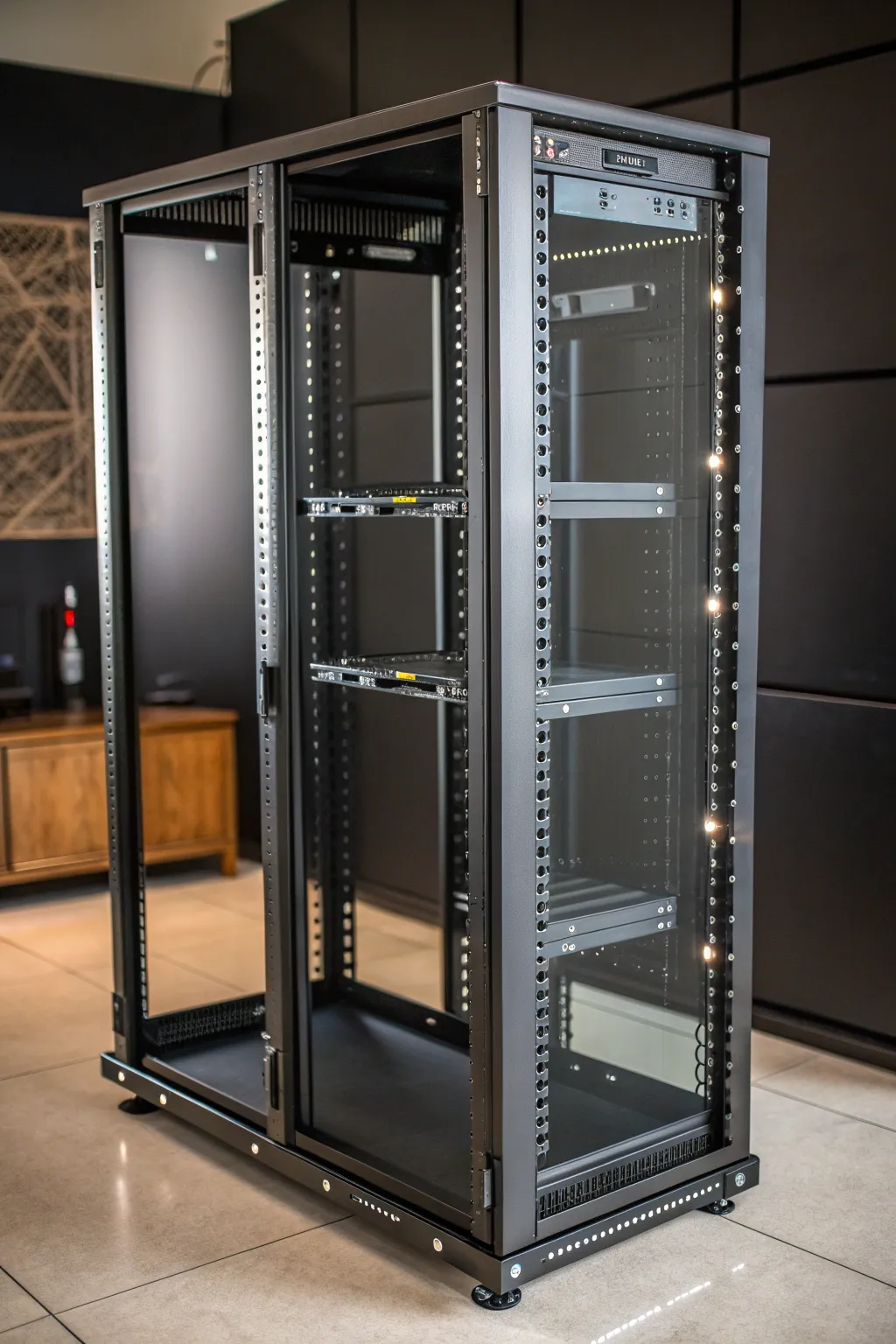 Elevate your tech setup with this stunning glass and steel server rack masterpiece.