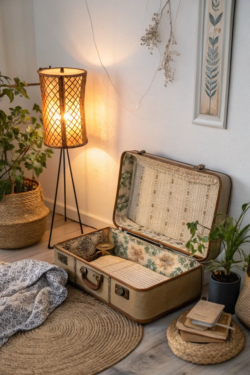 Transform your reading nook with a suitcase lamp for a cozy, inviting glow. 🌿✨