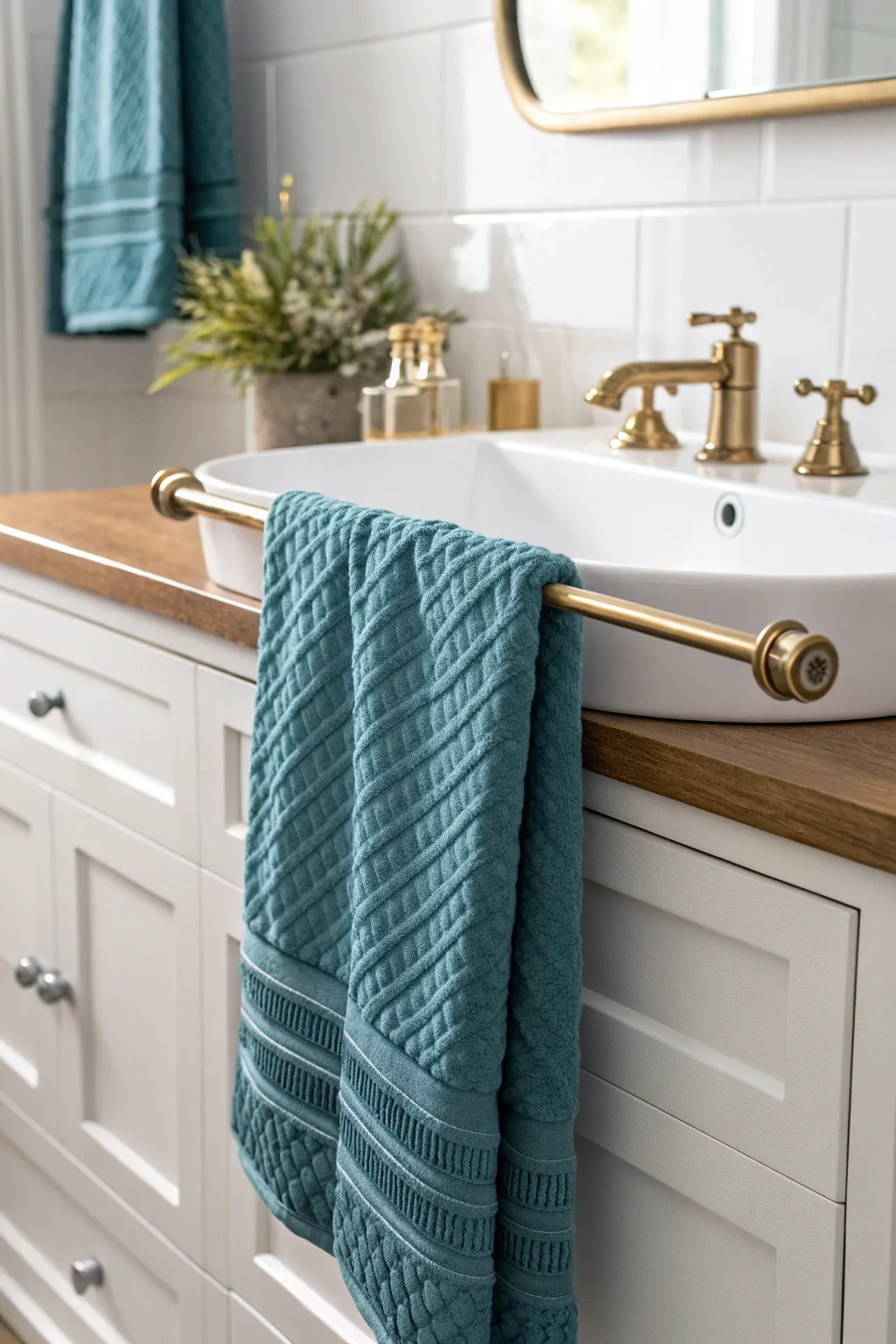 Elevate your small bathroom with a hidden gem: the under-sink towel rod. Perfect blend of minimalist design and boho flair.