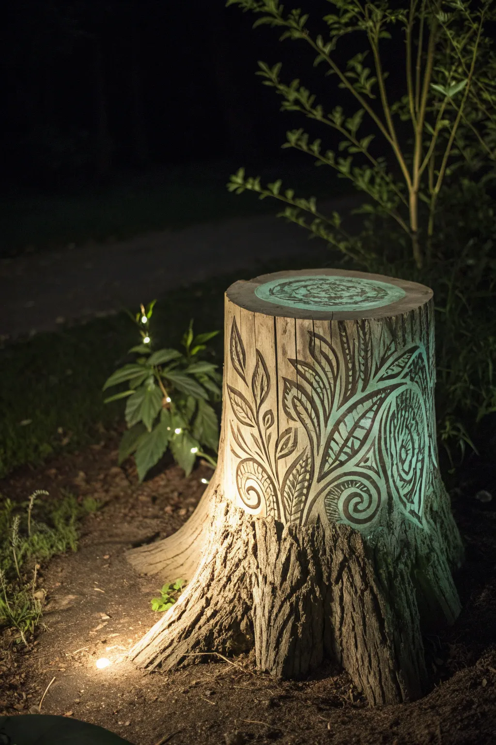Transform your garden with a handcrafted glow-in-the-dark stump that shines through the night.