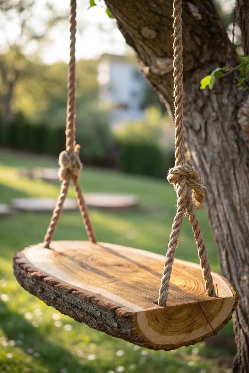 Embrace nature with a uniquely charming log slice swing, where simplicity meets craftsmanship.