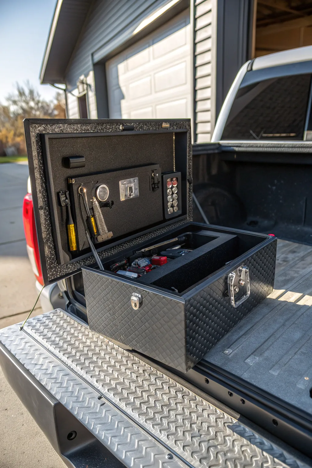 Lock it down: Keep your essentials secure with a crafted lockbox for your truck bed.