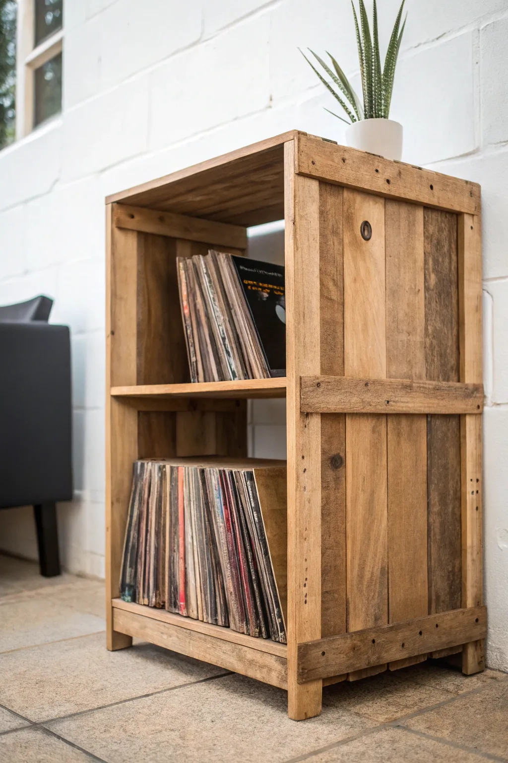 Transform pallets into chic, rustic vinyl storage that adds charm and functionality to your space!