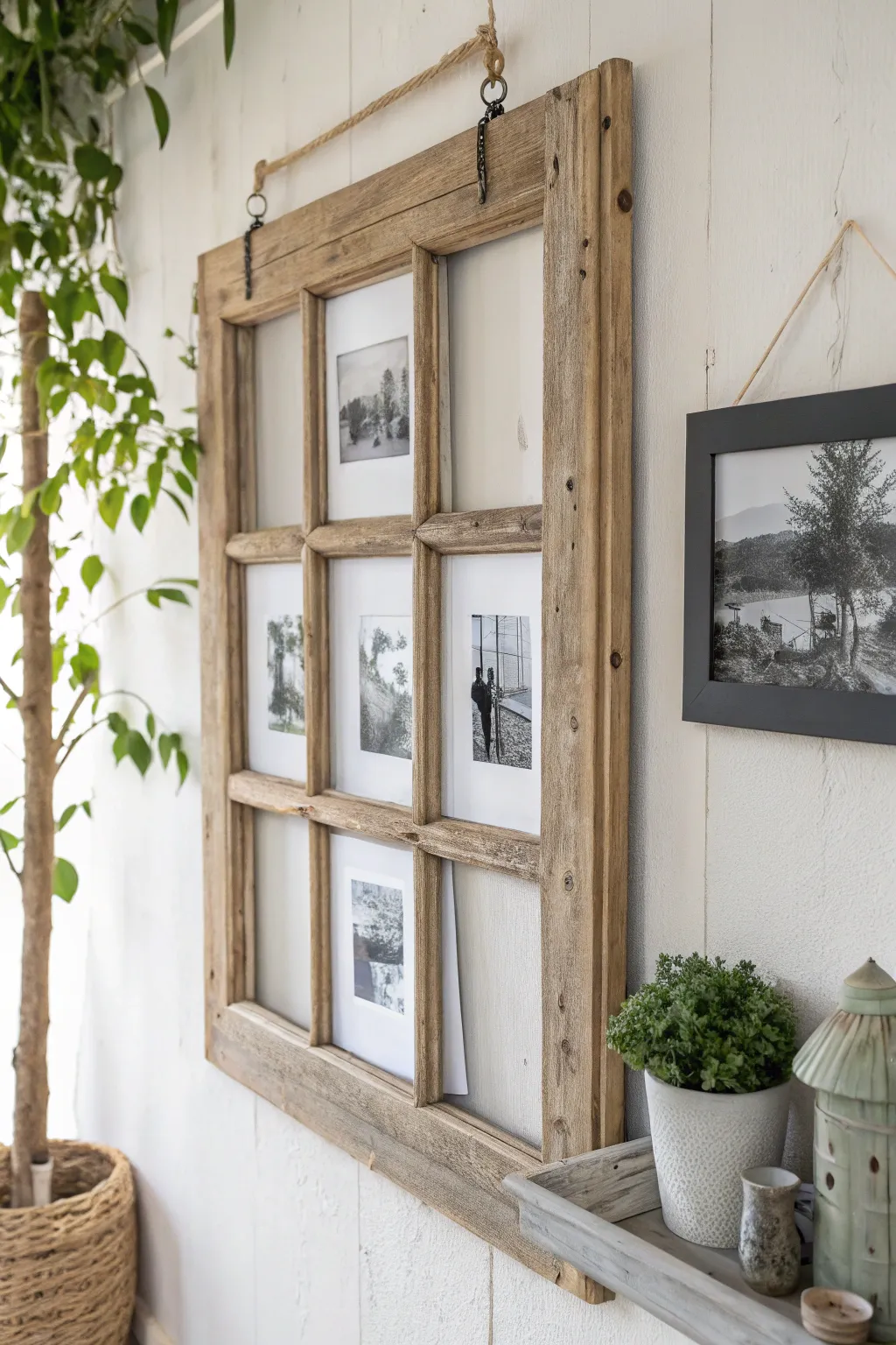 Transform a vintage window frame into a captivating photo display—perfect for adding rustic charm to your minimalist gallery wall.