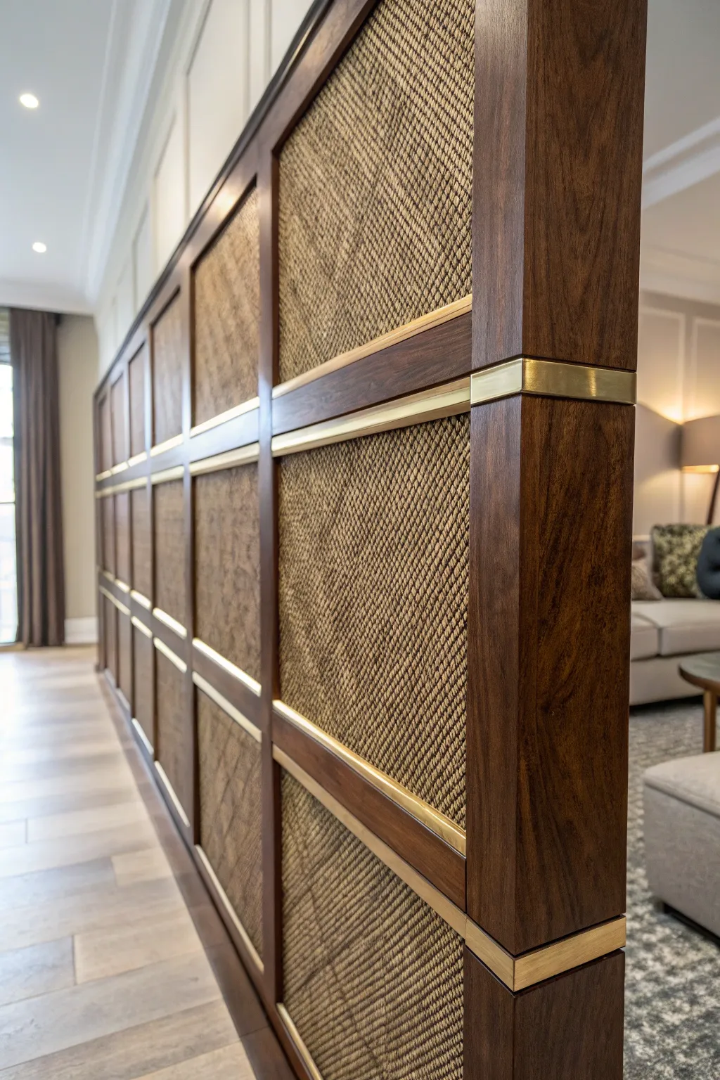 Elevate your space with a masterpiece of mixed materials: wood, metal, and fabric.