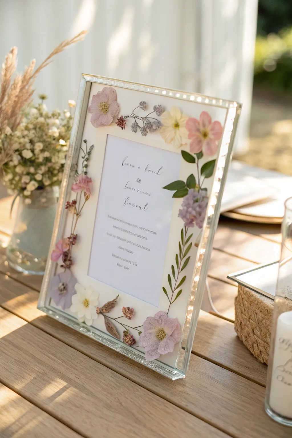 Capture timeless elegance with pressed flower wedding signage, where nature meets craftsmanship.