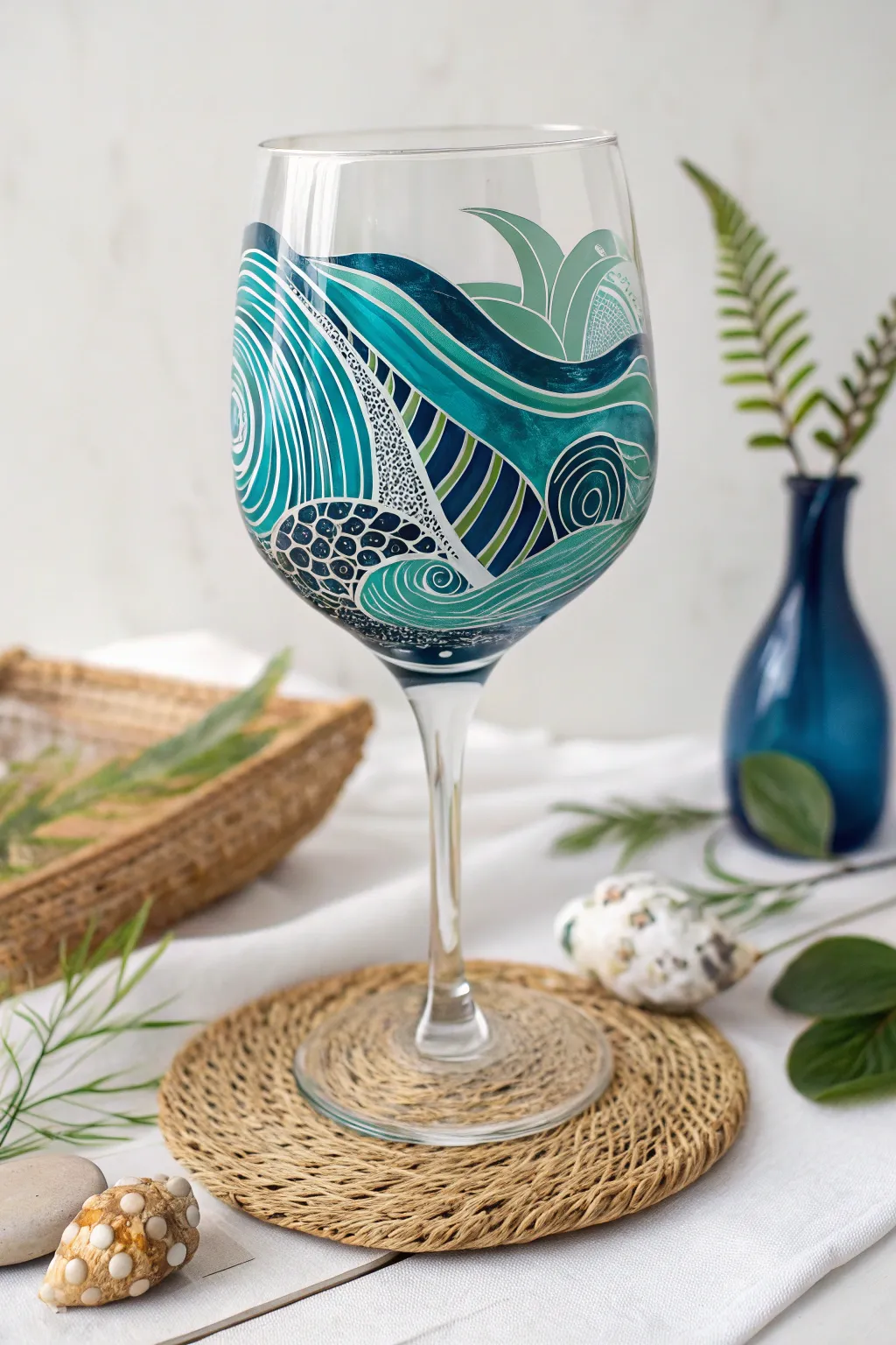 Dive into abstract elegance with a touch of ocean-inspired artistry on your wine glass.